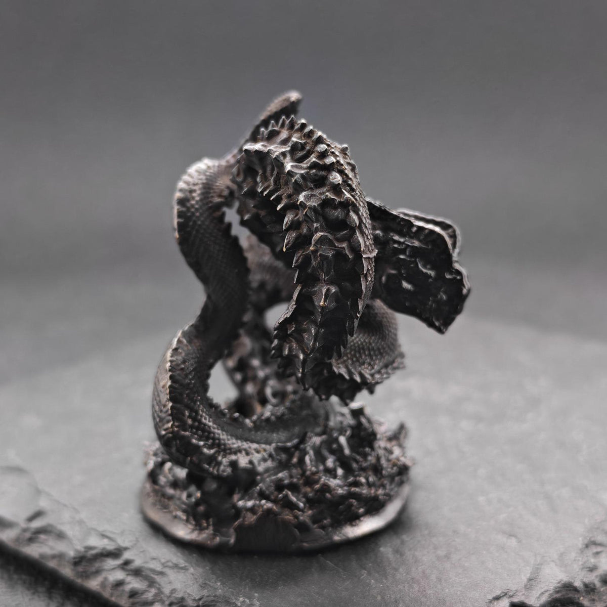 Brass Coiled Dragon Figurine — Oxidised Black Zodiac Sculpture for Desk, Feng Shui, and Collector Display