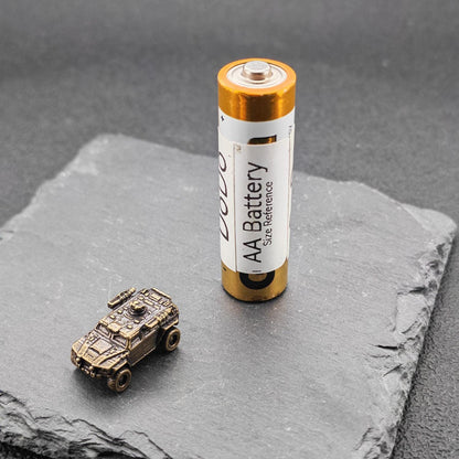 Brass Armored Vehicle Miniature — Military Wheeled MRAP Micro Model for Diorama and Desk Display