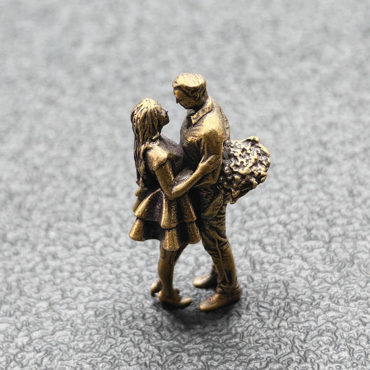 The Hidden Bouquet — Brass Couple Figurine, A Miniature Love Story for Your Desk or Shelf