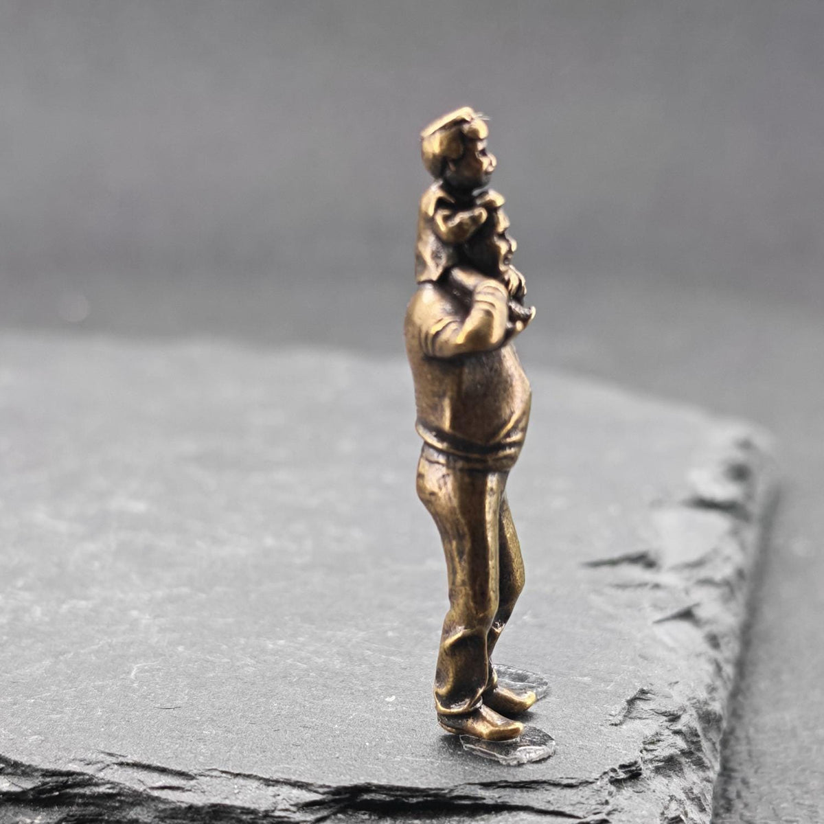 Shoulder Ride Brass Figurine – Father and Child Miniature Warmth Sculpture