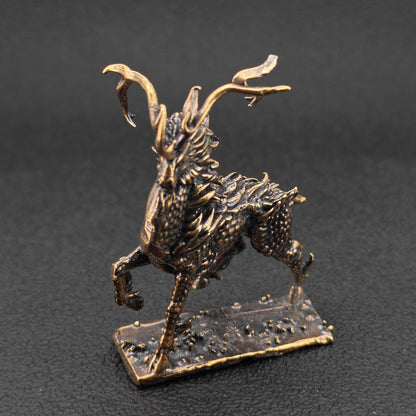 Brass Qilin Figurine — Antique Oxidised Mythical Beast Sculpture for Feng Shui, Desk, and Collector Display