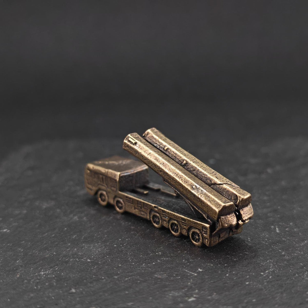 Brass Cruise Missile Launcher Miniature — Heavy Wheeled Military Vehicle Micro Model for Diorama