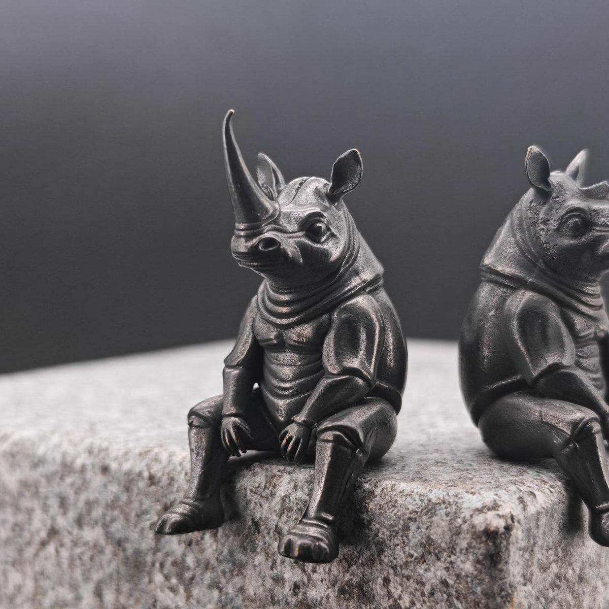 Brass Seated Rhino Figurine — Anthropomorphic Double-Horn Sculpture for Desk and Shelf