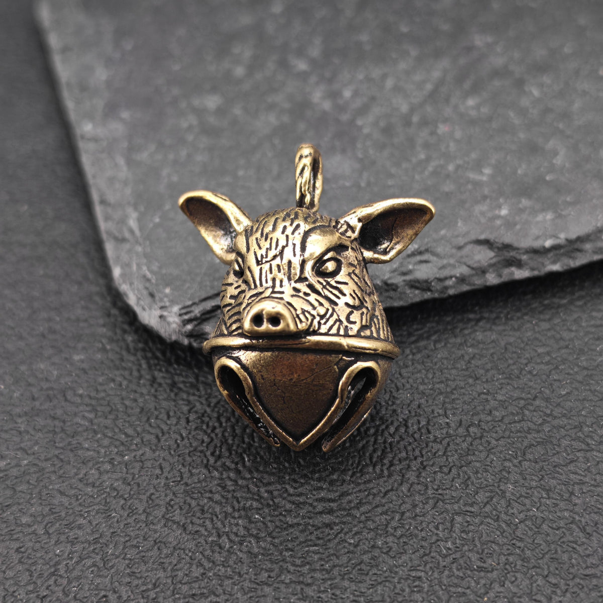 Brass Pig Bell Pendant – Handcrafted Miniature Animal Charm Collectible