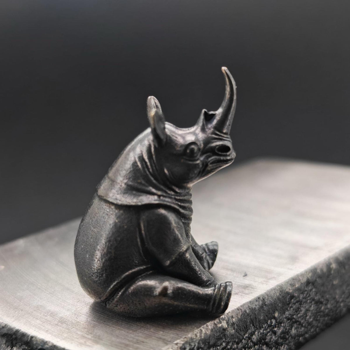 Daydreaming Rhino Brass Figurine – Meditating Animal Collectible Sculpture