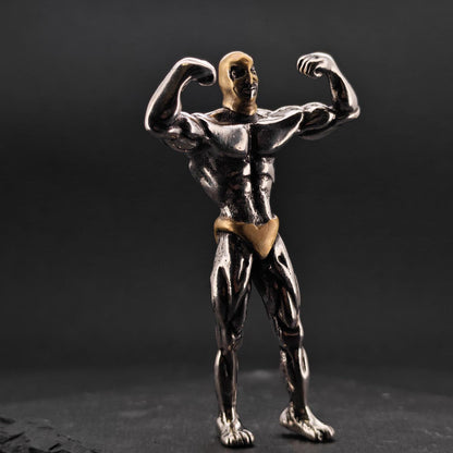 Brass Skeleton Bodybuilder Figurine — Flexing Skull Sculpture for Desk, Shelf and Gym Decor