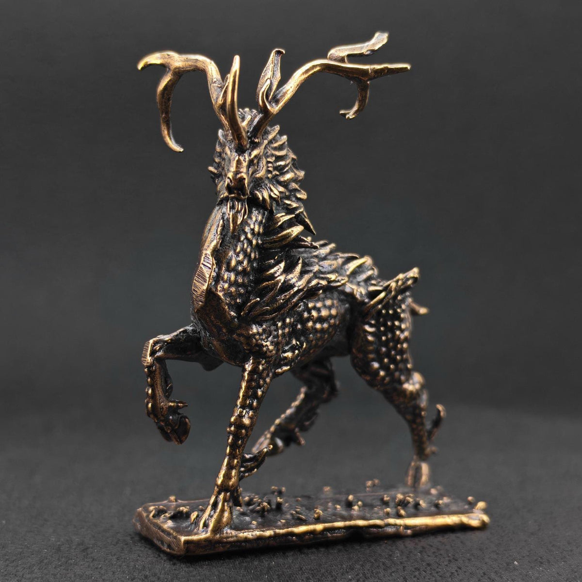 Brass Qilin Figurine — Antique Oxidised Mythical Beast Sculpture for Feng Shui, Desk, and Collector Display