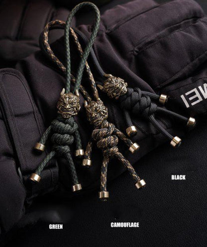 Brass Mythical Mask Paracord Keychain — EDC Backpack Charm & Car Ornament