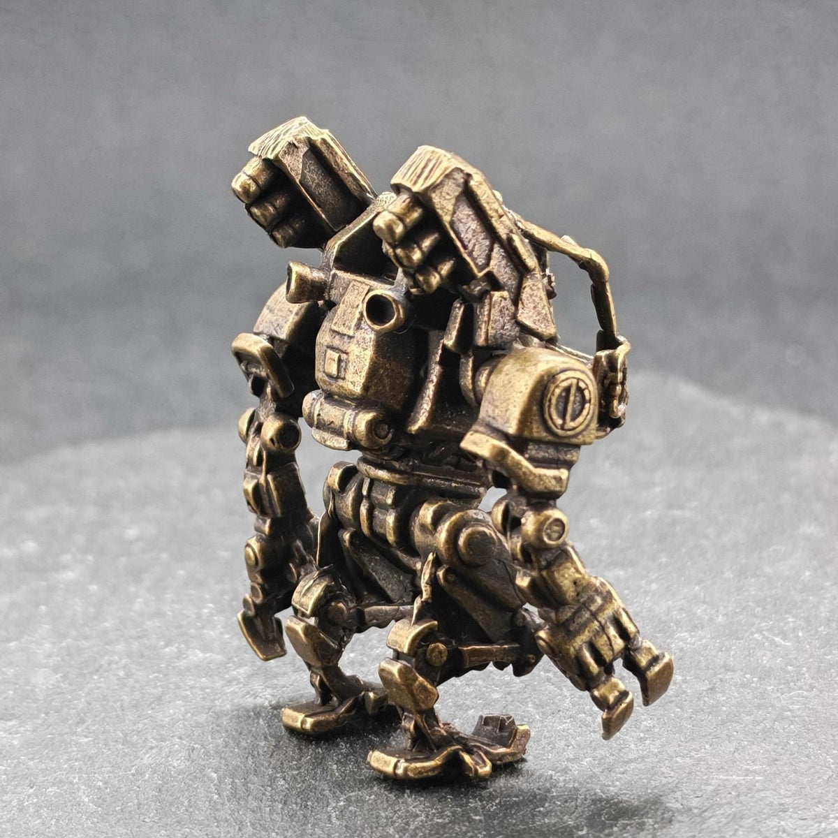 Brass Ground Crew Mech Figurine — Sci-Fi Robot Miniature for Terrarium, Diorama and Desk Display