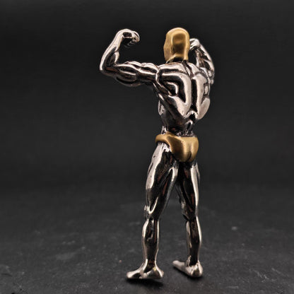 Brass Skeleton Bodybuilder Figurine — Flexing Skull Sculpture for Desk, Shelf and Gym Decor