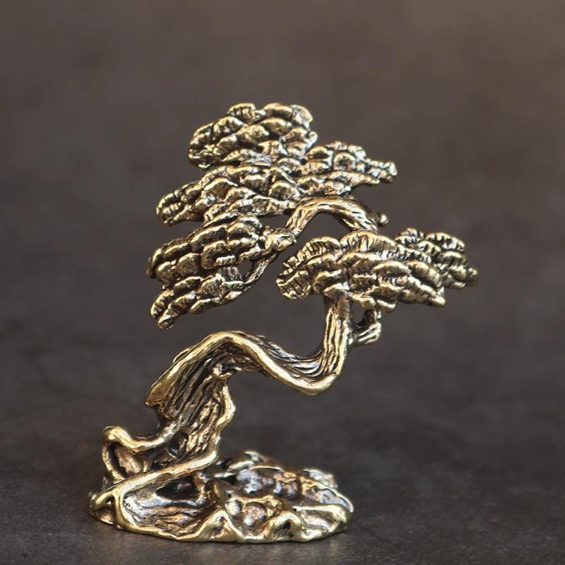 Brass Pine Tree Figurine – Miniature Bonsai Sculpture for Desk, Tea Tray or Zen Display