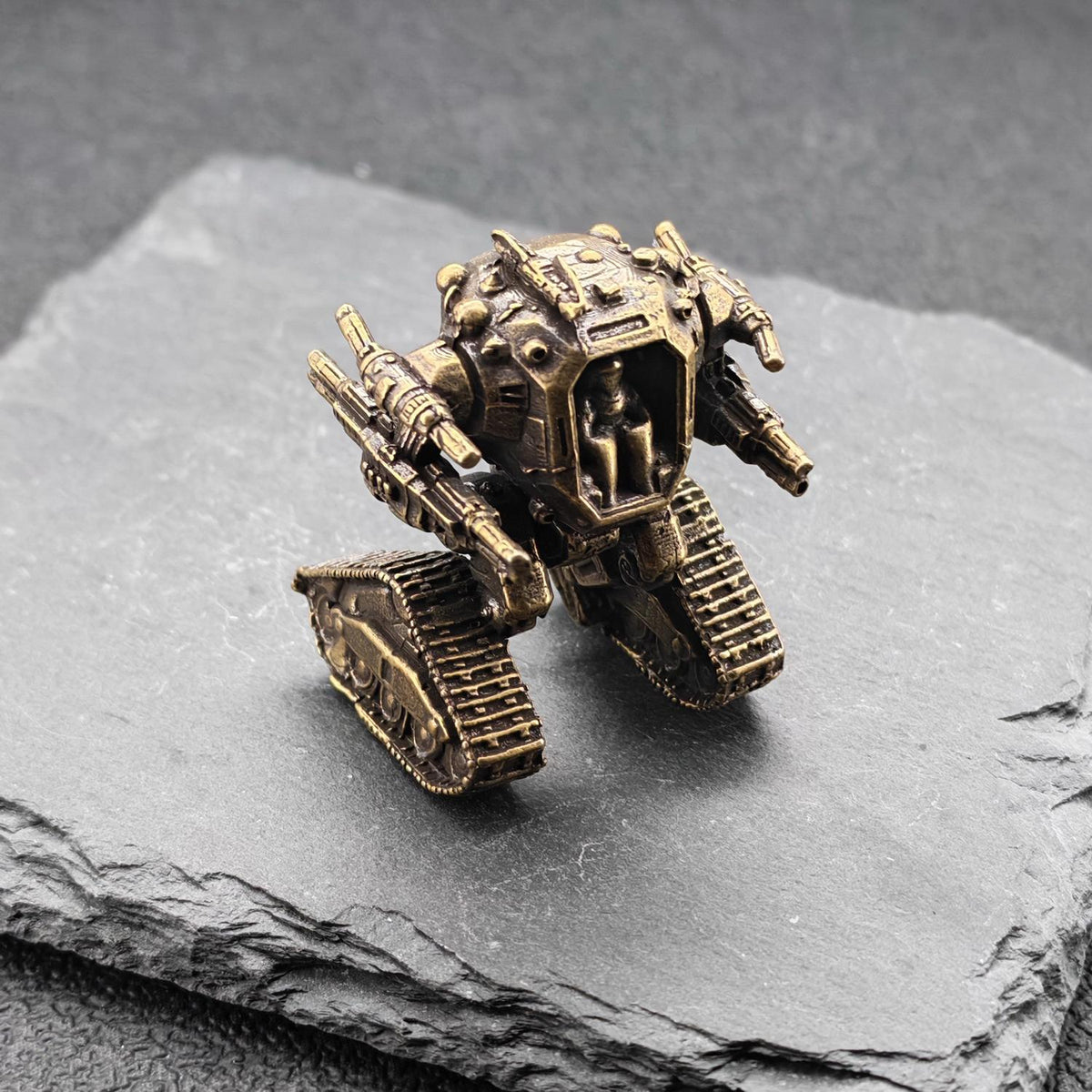 Brass Heavy Mech Statue — Sci-Fi Robot Miniature for Terrarium, Diorama and Desk Display