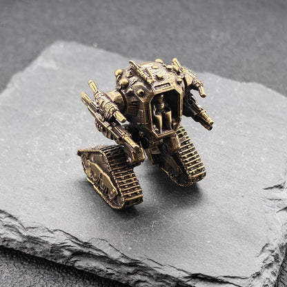 Brass Heavy Mech Statue — Sci-Fi Robot Miniature for Terrarium, Diorama and Desk Display