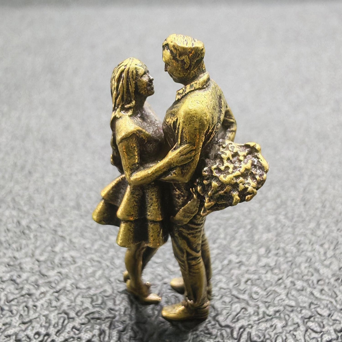 The Hidden Bouquet — Brass Couple Figurine, A Miniature Love Story for Your Desk or Shelf