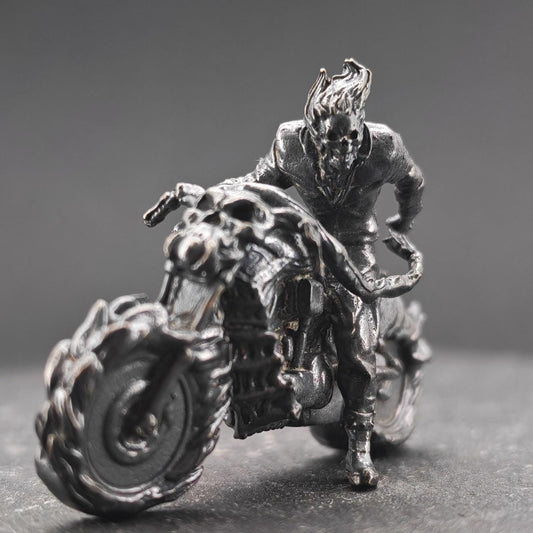 Aged Brass Motorcycle Rider Figurine — Biker Desk Sculpture & Collector Miniature
