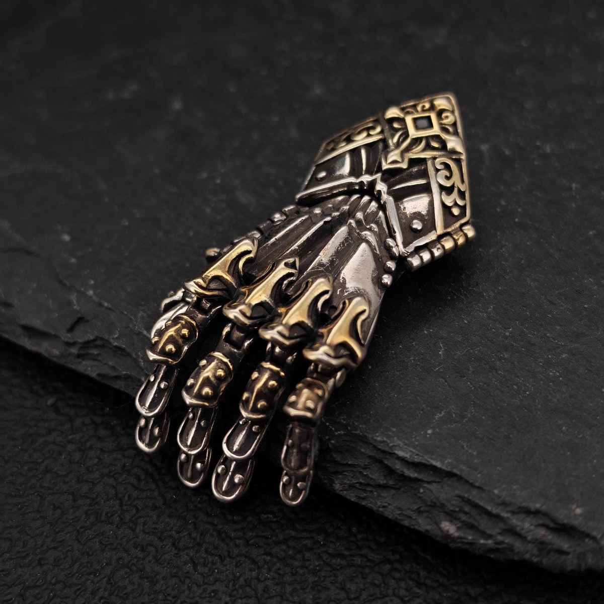 Guardian Hand Pendant — Articulated Medieval Gauntlet in Steampunk and Gothic Style