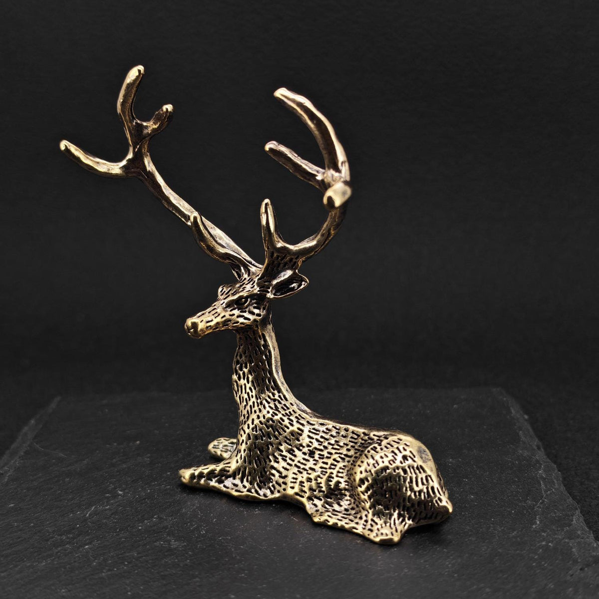 Brass Resting Stag Figurine — Antlered Deer Sculpture for Desk and Shelf Display