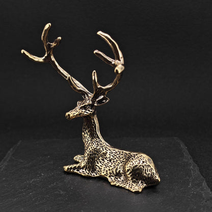 Brass Resting Stag Figurine — Antlered Deer Sculpture for Desk and Shelf Display