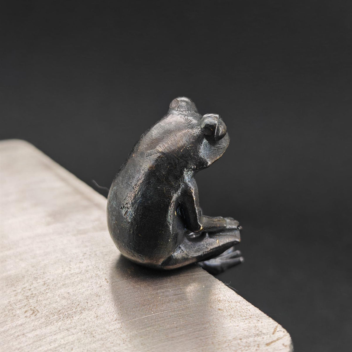 Brass Meditating Frog Figurine — Oxidised Black Mini Statue for Desk, Shelf and Zen Decor