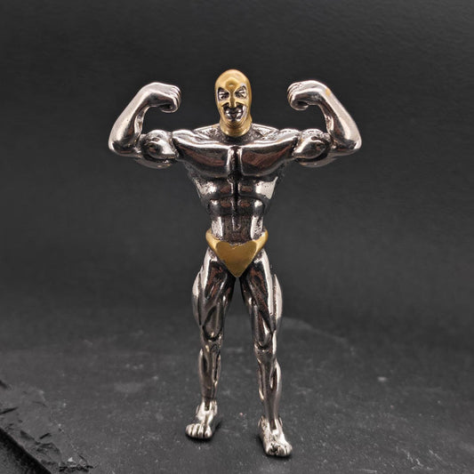Brass Skeleton Bodybuilder Figurine — Flexing Skull Sculpture for Desk, Shelf and Gym Decor