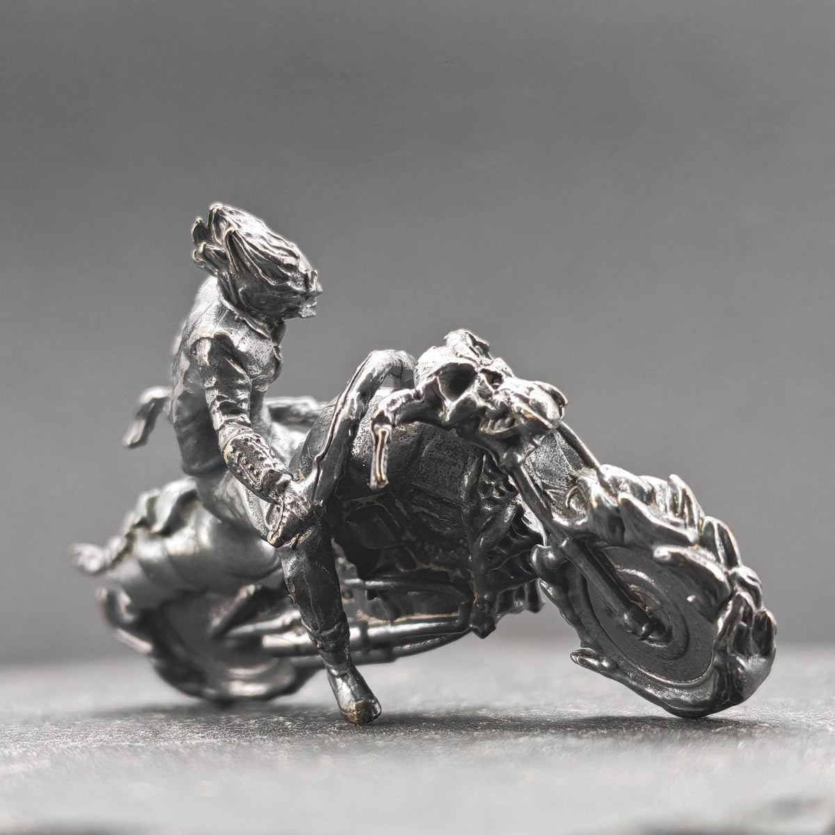 Aged Brass Motorcycle Rider Figurine — Biker Desk Sculpture & Collector Miniature