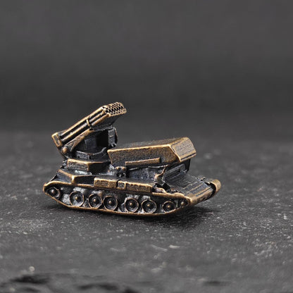 Brass MLRS Rocket Launcher Miniature — Military Tracked Vehicle Micro Model for Diorama and Desk