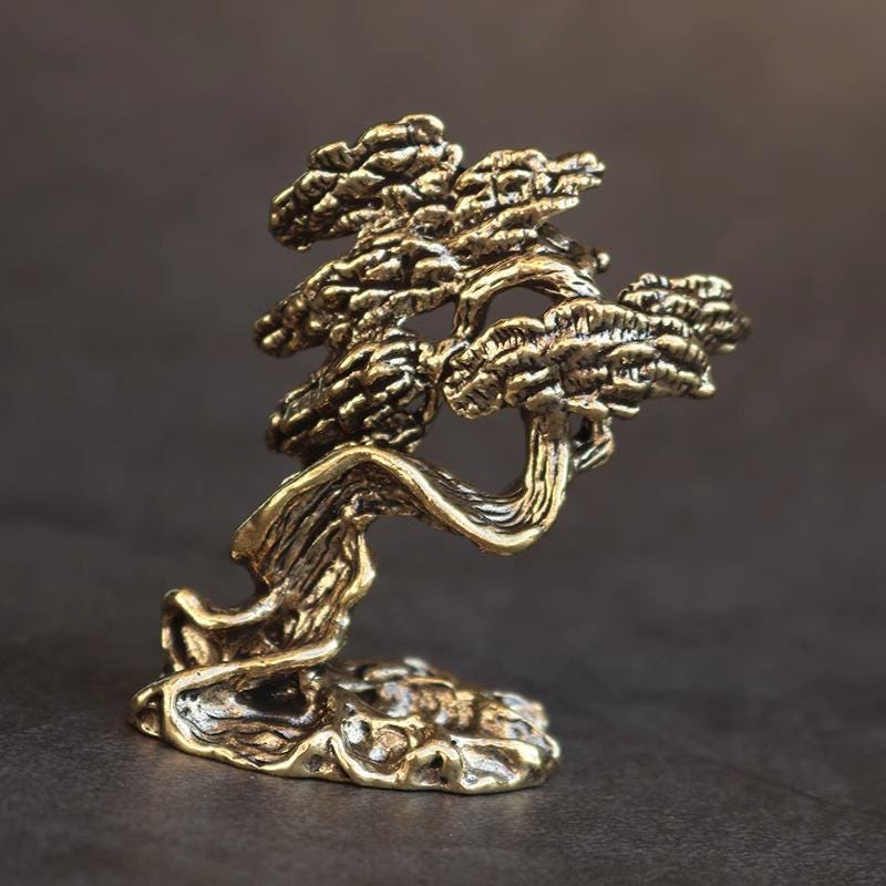 Brass Pine Tree Figurine – Miniature Bonsai Sculpture for Desk, Tea Tray or Zen Display