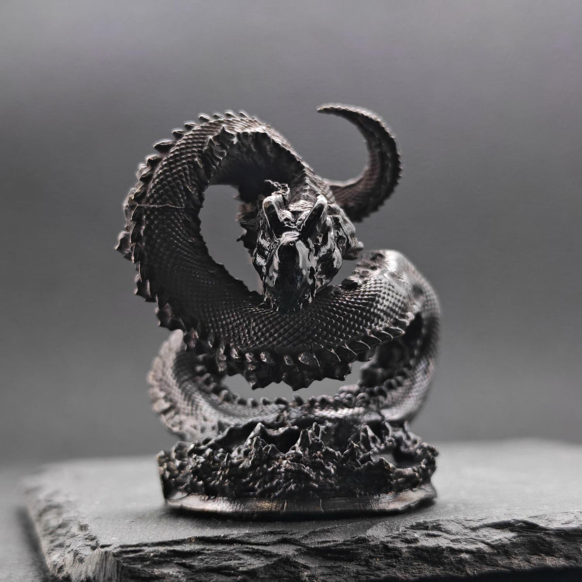 Brass Coiled Dragon Figurine — Oxidised Black Zodiac Sculpture for Desk, Feng Shui, and Collector Display