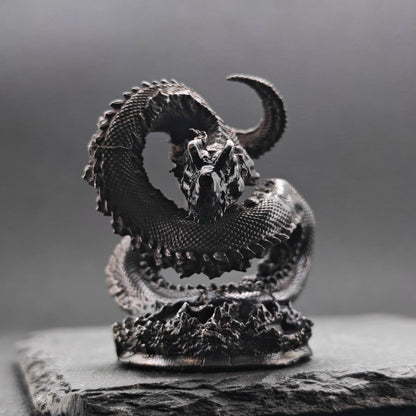 Brass Coiled Dragon Figurine — Oxidised Black Zodiac Sculpture for Desk, Feng Shui, and Collector Display