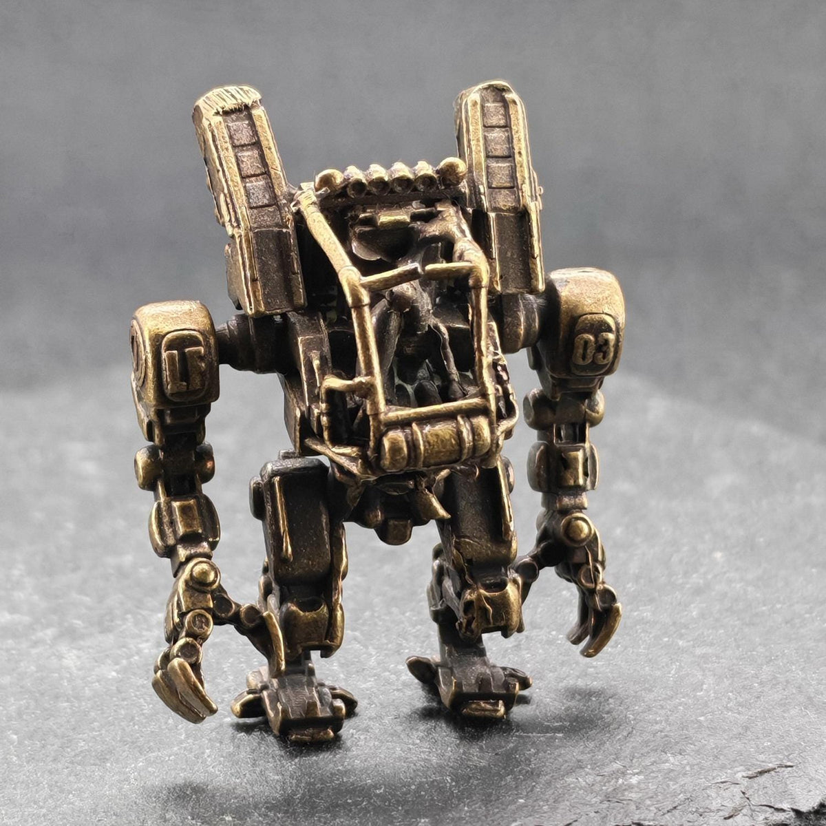 Brass Ground Crew Mech Figurine — Sci-Fi Robot Miniature for Terrarium, Diorama and Desk Display