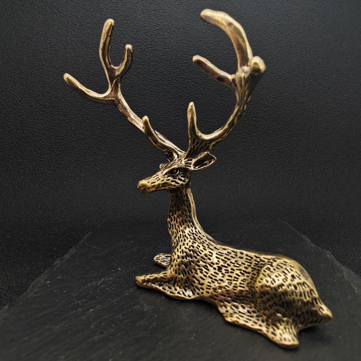 Brass Resting Stag Figurine — Antlered Deer Sculpture for Desk and Shelf Display