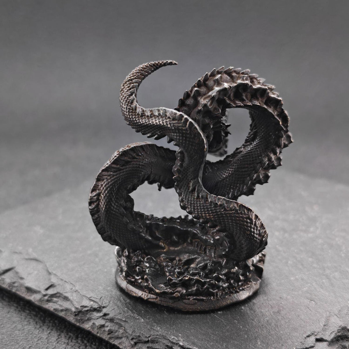 Brass Coiled Dragon Figurine — Oxidised Black Zodiac Sculpture for Desk, Feng Shui, and Collector Display