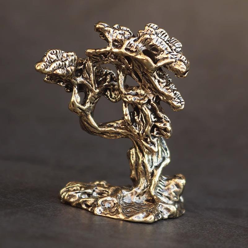 Brass Pine Tree Figurine – Miniature Bonsai Sculpture for Desk, Tea Tray or Zen Display