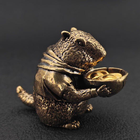 Brass Marmot Figurine with Yuanbao — Lucky Wealth Sculpture for Desk and Shelf