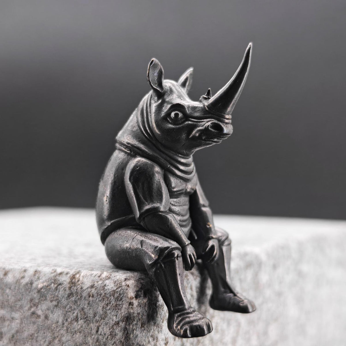 Brass Seated Rhino Figurine — Anthropomorphic Double-Horn Sculpture for Desk and Shelf