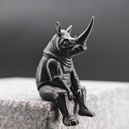 Brass Seated Rhino Figurine — Anthropomorphic Double-Horn Sculpture for Desk and Shelf