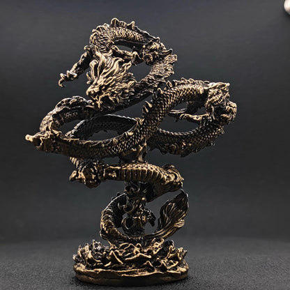 Solid Brass Chinese Dragon Figurine — Coiled Feng Shui Sculpture for Desk, Shelf, and Collector Display