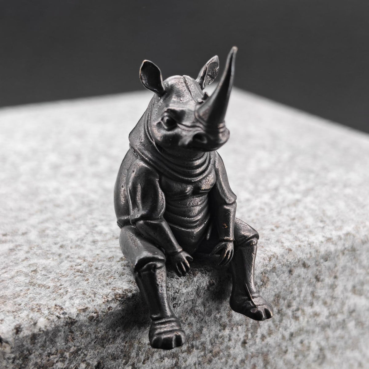 Brass Seated Rhino Figurine — Anthropomorphic Double-Horn Sculpture for Desk and Shelf