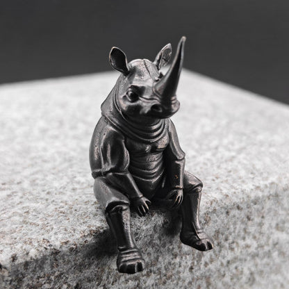 Brass Seated Rhino Figurine — Anthropomorphic Double-Horn Sculpture for Desk and Shelf