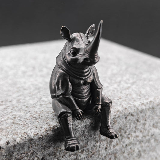 Brass Seated Rhino Figurine — Anthropomorphic Double-Horn Sculpture for Desk and Shelf