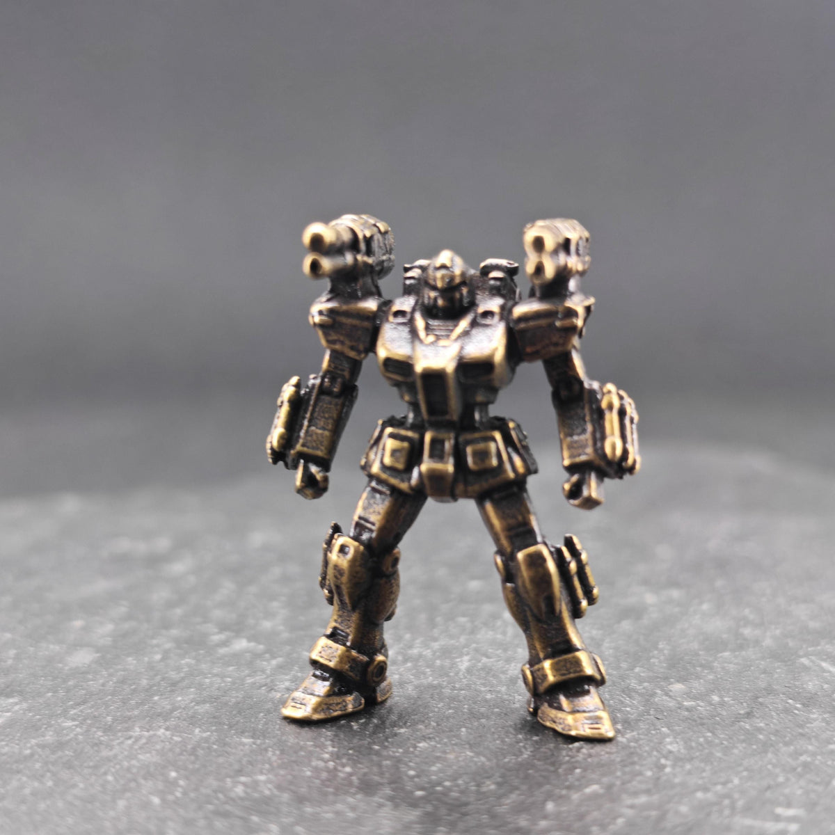 Brass Mecha Miniature — Stocky Federation Exosuit Micro Figure for Diorama, Terrarium and Aquascape