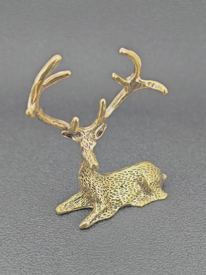 Brass Resting Stag Figurine — Antlered Deer Sculpture for Desk and Shelf Display