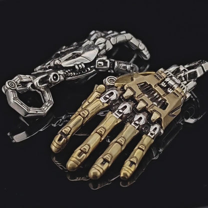 Articulated Mechanical Hand Pendant – Steampunk Wearable Sculpture in White Bronze & Brass