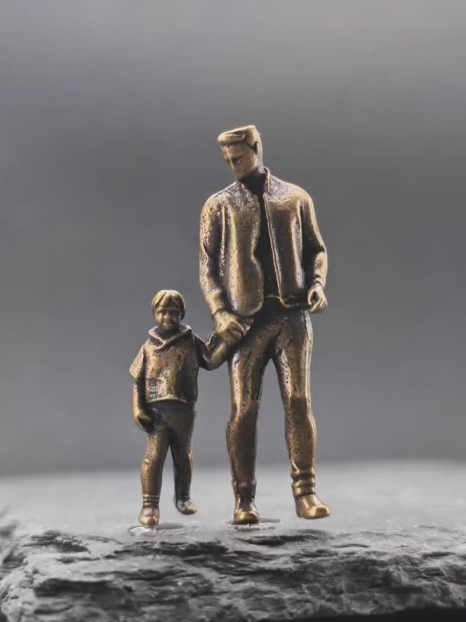 Walking Hand in Hand Brass Figurine – Father and Child Miniature Sculpture