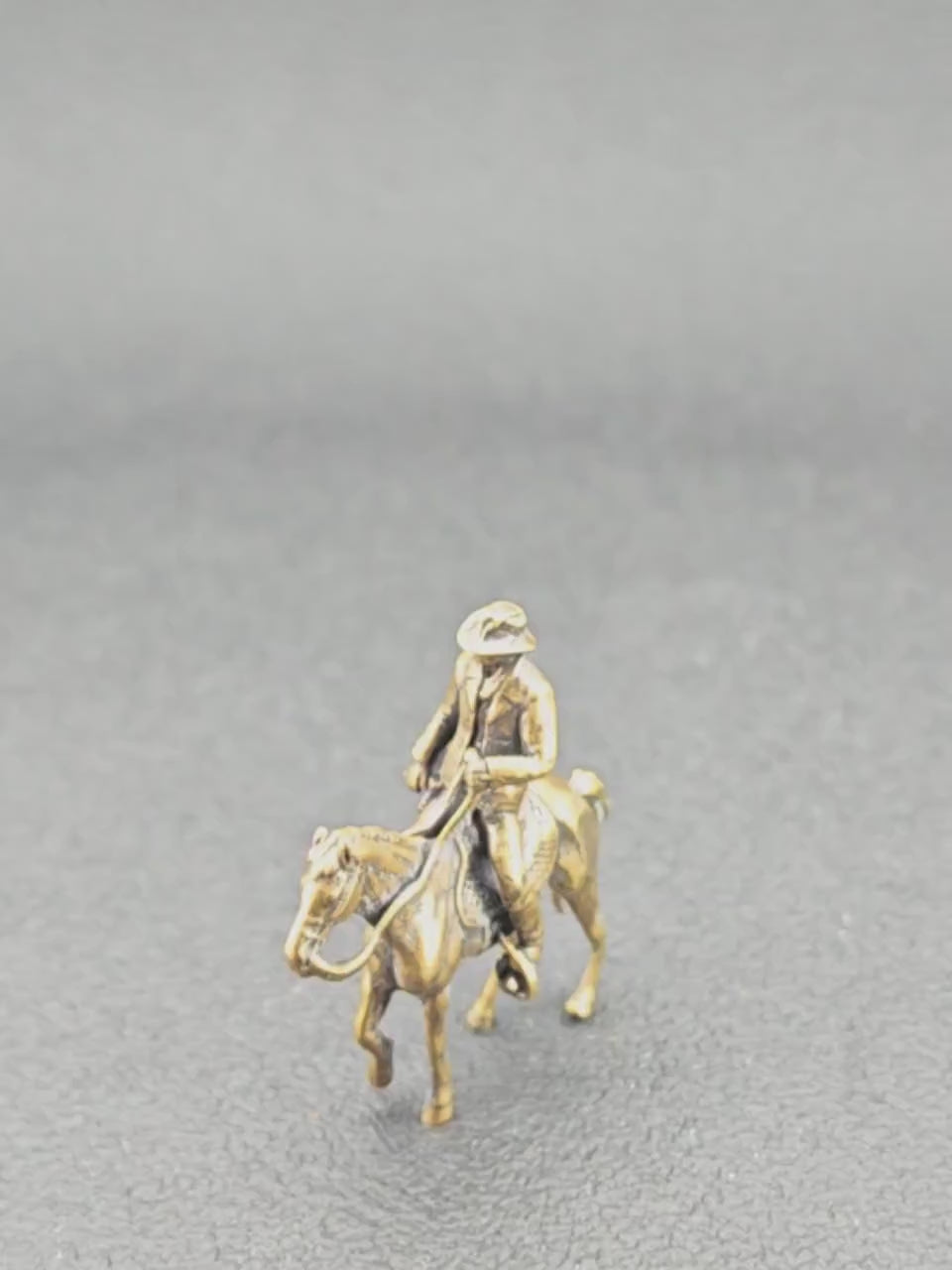 Brass Cowboy on Horseback Figurine — Polished Western Desk Sculpture & Miniature Collector Piece