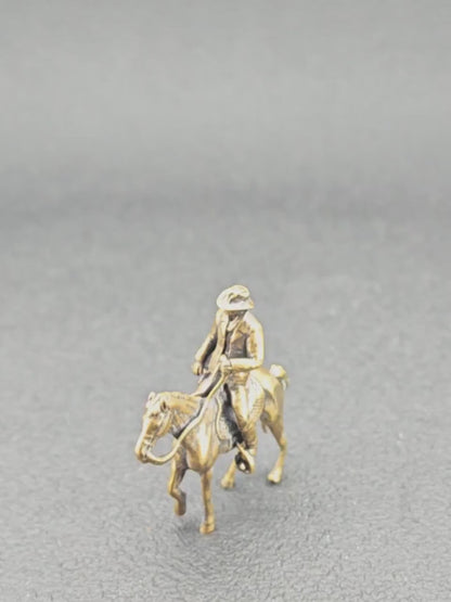 Brass Cowboy on Horseback Figurine — Polished Western Desk Sculpture & Miniature Collector Piece