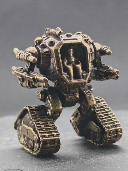 Brass Heavy Mech Statue — Sci-Fi Robot Miniature for Terrarium, Diorama and Desk Display