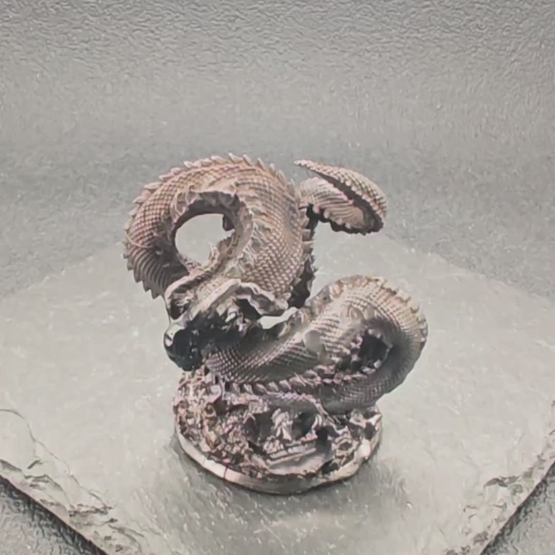 Brass Coiled Dragon Figurine — Oxidised Black Zodiac Sculpture for Desk, Feng Shui, and Collector Display