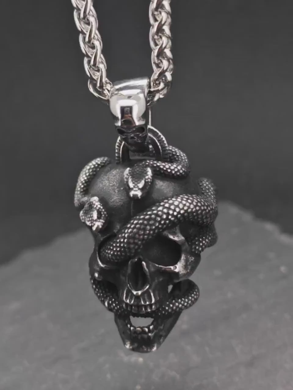Snake and Skull Gothic Pendant – Stainless Steel Necklace for Him