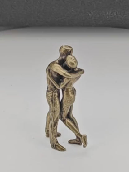 Miniature Brass Couple Figurine — Embracing & Kissing Lovers Sculpture